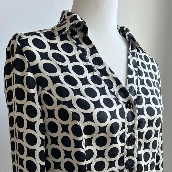 Vintage Josef Black & Ivory Pure Silk Geometric Print Button-Front Blouse – US 6 - Picture 1 of 9